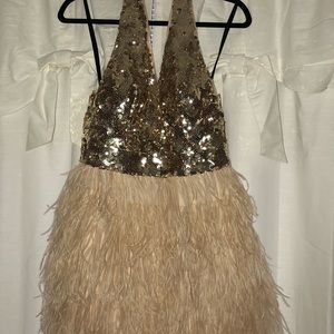 Bebe Sequin feather halter top dress